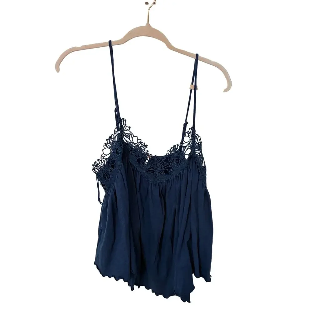 Navy FREE PEOPLE KAYLA TANK Women's Boho Crochet Lace Dainty Preppy Minimal L
